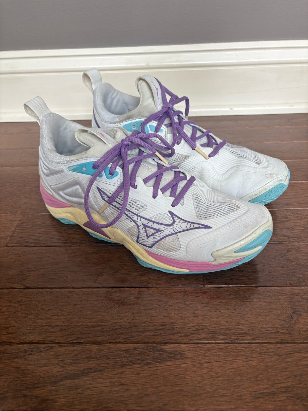 Mizuno Wave volleyball shoes with Purple/teal/pink/yellow accents